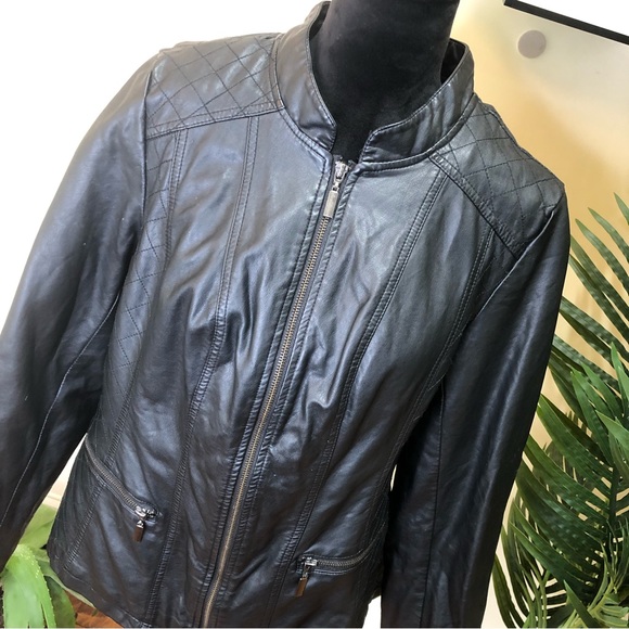 Alfani Black Faux Leather Jacket w/ Triangle Stitch Design 0X/ 10-12 - Picture 3 of 7